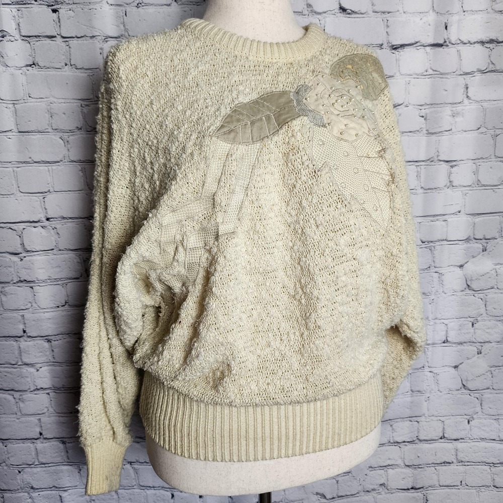 Pierre Cardin Vintage Beige Floral Beaded Sweater Womens Medium Acrylic Knit